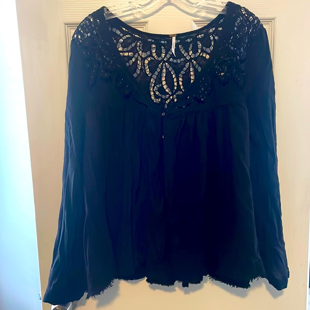 Free people, long sleeve, black cotton shirt, blouse, with lace top, and back